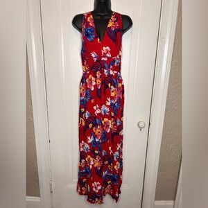 Floral Red Hawaiian Print Maxi Dress